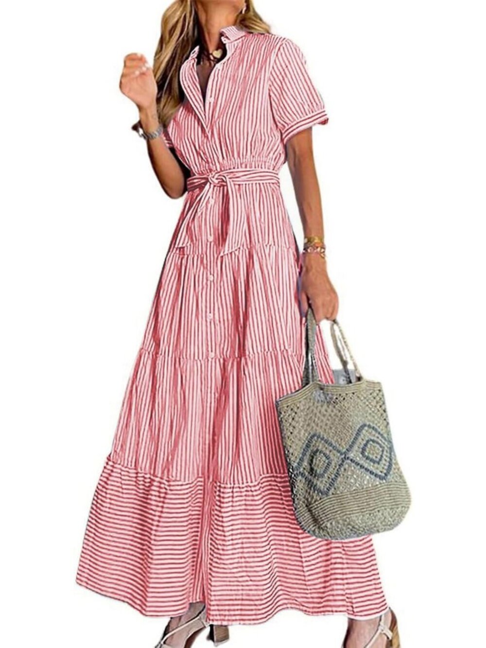 Casual Striped Maxi Shirt Dress with Short Sleeves, Button Down & Tie Waist